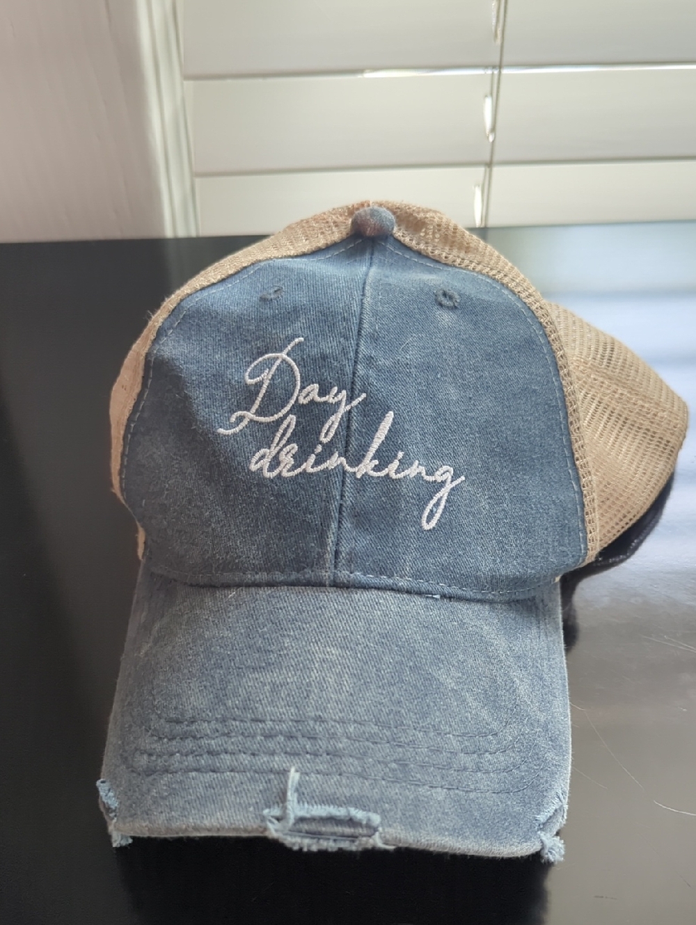 Distressed Blue Denim & Tan Mesh Trucker Hat - "Day Drinking" Embroidered
